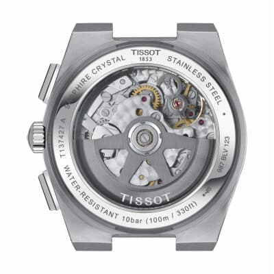 montre tissot PRX automatic chronograph acier cadran noir et blanc index doré rose