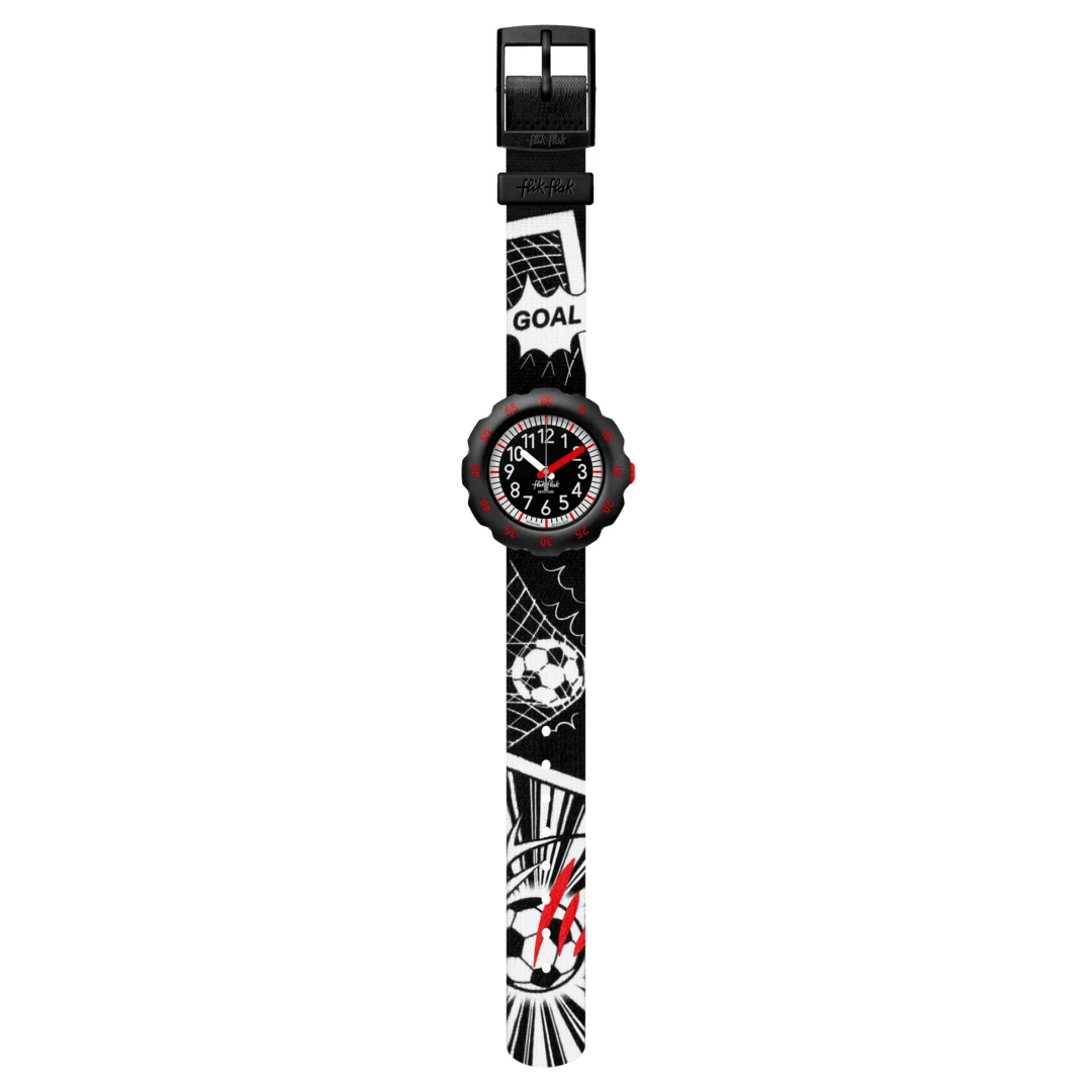 montre flik flak goal! enfant bracelet noir et blanc et ballon de foot