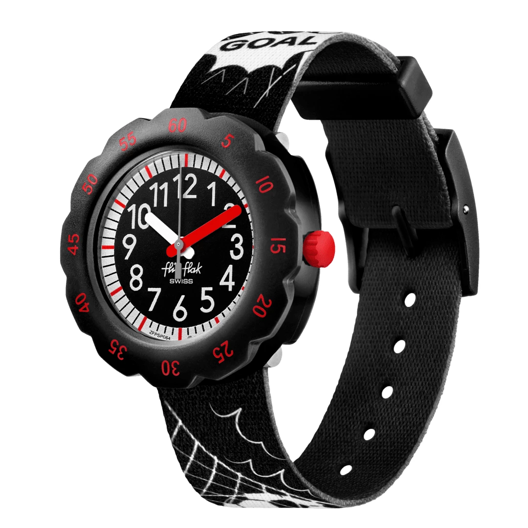 montre flik flak goal! enfant bracelet noir et blanc et ballon de foot