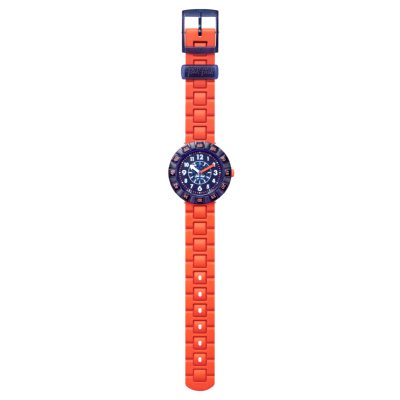 montre flik flak orangebrick bracelet orange boitier bleu enfant