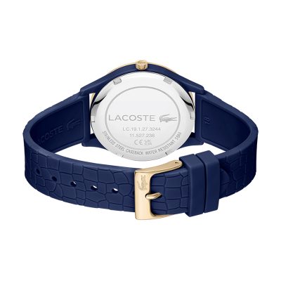 montre lacoste femme crocodelle bleu marine lunette et aiguilles doré rose