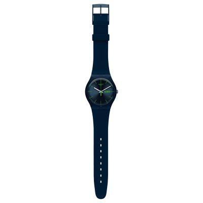 montre swatch blue rebel new gent boitier bleu cadran bleu index vert dateur