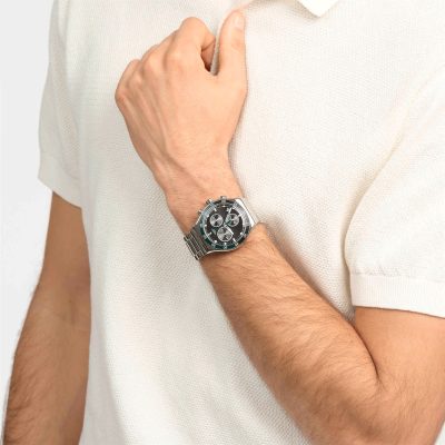 montre swatch irony dark green irony bracelet aicer lunette verte foncé et noire