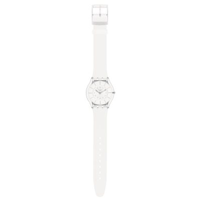 montre swatch skin white classiness bracelet silicone blanc cadran blanc index argentés