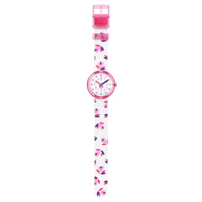 montre flik flak marientte bracelet blanc enfant avec fleurs violettes et roses