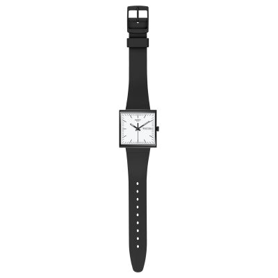 montre swatch bioceramic collection what if...black? boitier carré bracelet matériau biosourcé noir