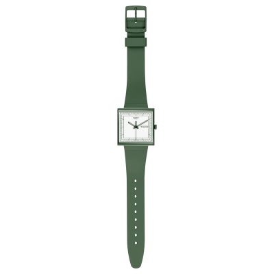 montre swatch bioceramic collection what if... green? boitier carré bracelet matériau biosourcé