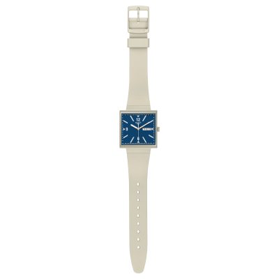 montre swatch bioceramic collection what if... beige? boitier carré bracelet matériau biosourcé