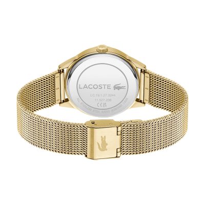 montre lacoste femme gemala acier doré maille milanaise cadran avec cristaux jaunes