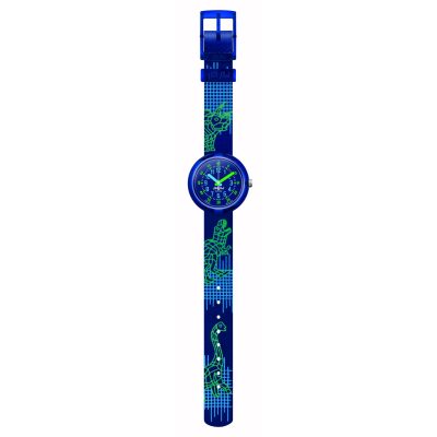 montre flik flak enfant cyberozaurus bracelet bleu avec dinosaures futuristes