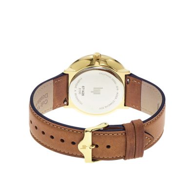 montre lip dauphine acier doré et cuir marron quartz dateur