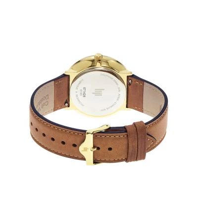montre lip dauphine acier doré et cuir marron quartz dateur