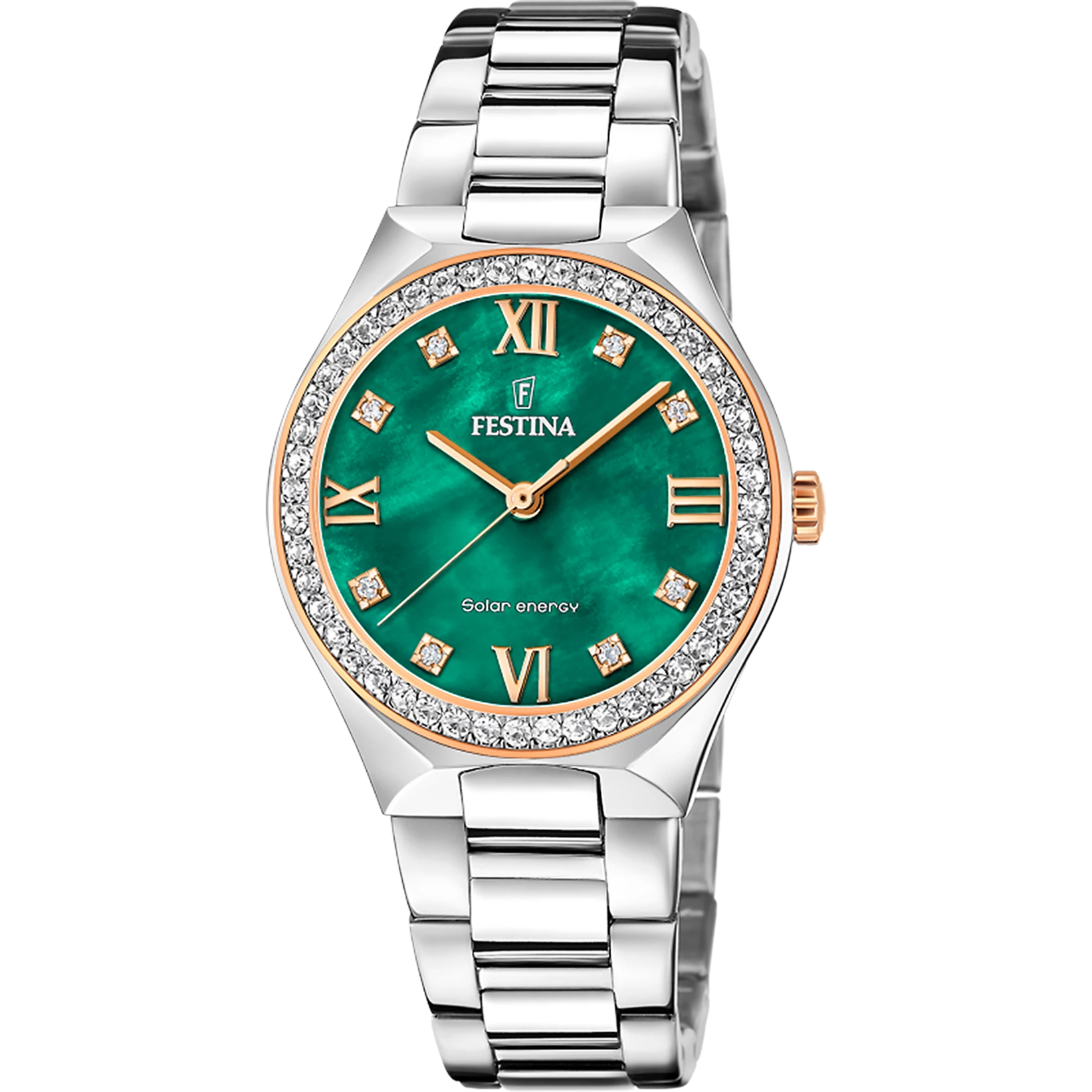 montre festina femme solar energy acier quartz solaire cadran vert lunette pavée d'oxydes de zirconium