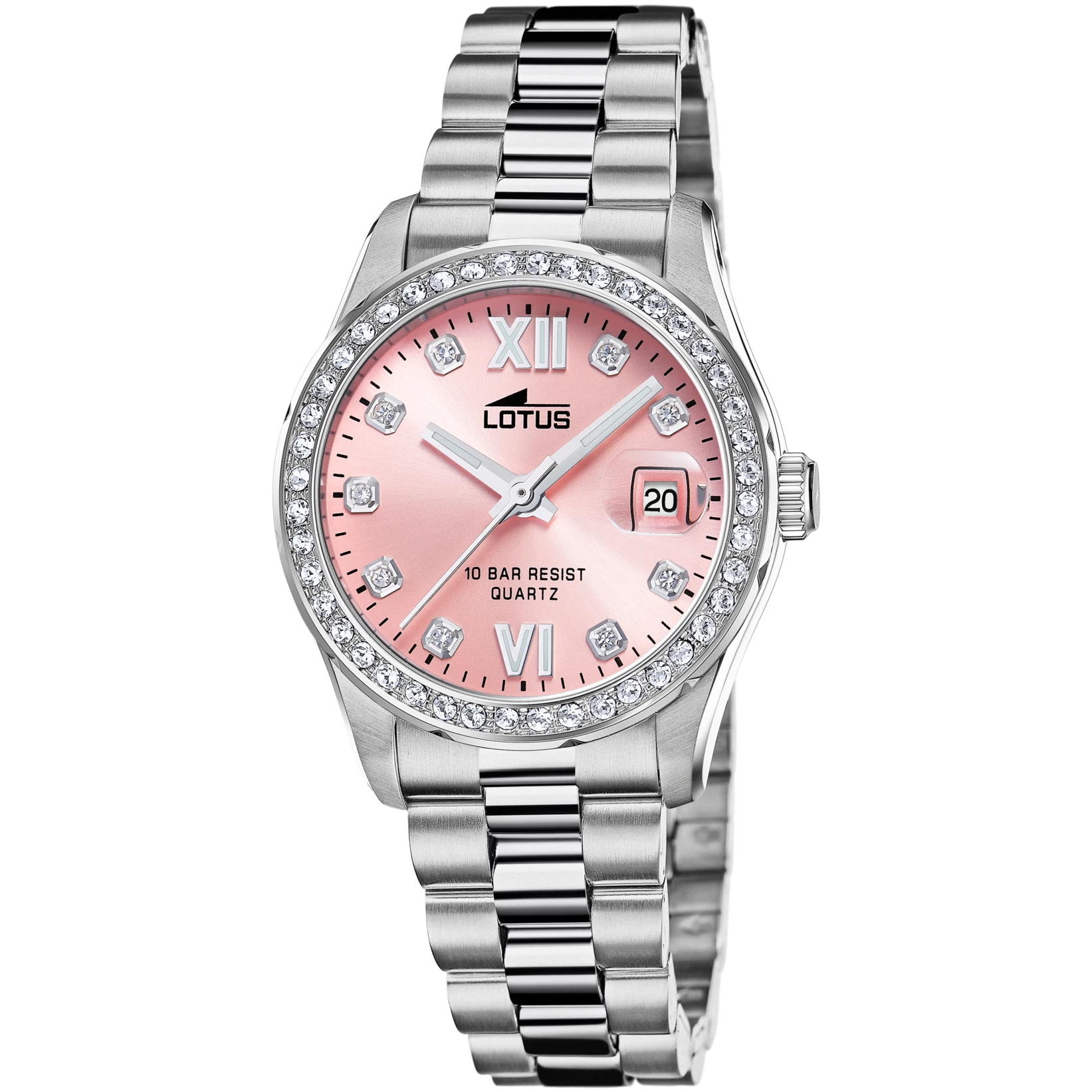 montre lotus femme freedom acier et cadran rose index cristaux lunette pavée de cristaux