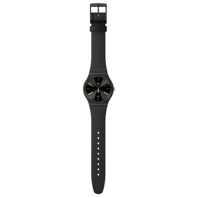 montre swatch new gent a dash of yellow index doré bracelet silicone noir