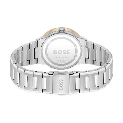 montre boss femme colection sport lux acier gris et rose lunette avec cristaux