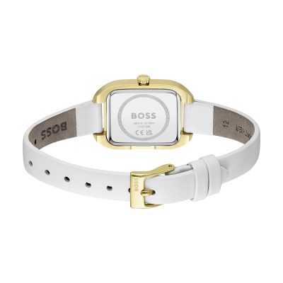 montre boss femme business acier doré et cuir blanc quartz cadran rectangulaire