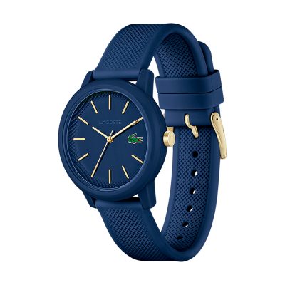 montre lacoste 12.12 femme bleu marine braceet silicone bleu marine 3 aiguilles dorées