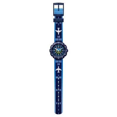 montre flik flak take off enfant pilote avion bleu et blanc