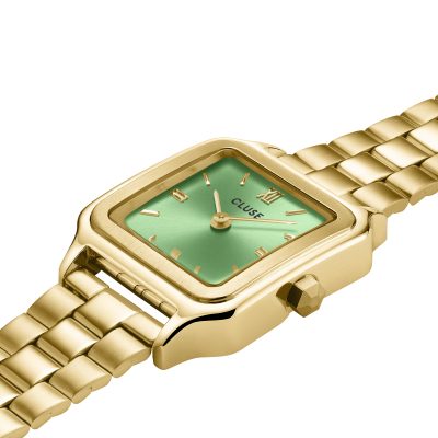 montre cluse femme gracieuse petite acier doré et vert clair boitier carré cadran vert clair