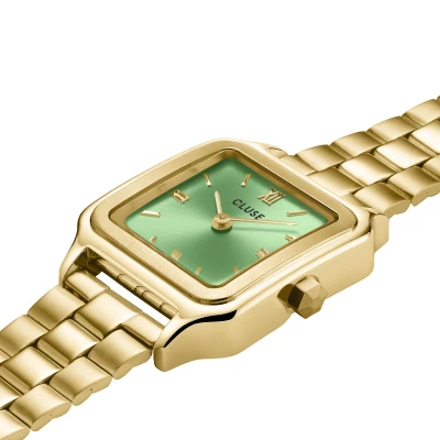 montre cluse femme gracieuse petite acier doré et vert clair boitier carré cadran vert clair