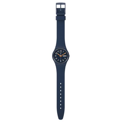 montre swatch trendy lines at night bleu foncé aiguilles oranges