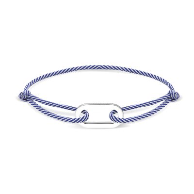 bracelet rochet grand large acier poli et cordon coton blanc et marine