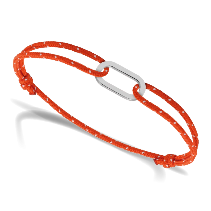 bracelet homme grand large acier satine et cordon coton blanc orange taille réglable