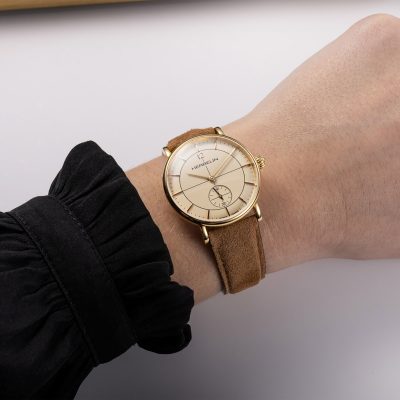 monte herbelin femme inspiration acier doré bracelet cuir beige quartz vintage et rétro