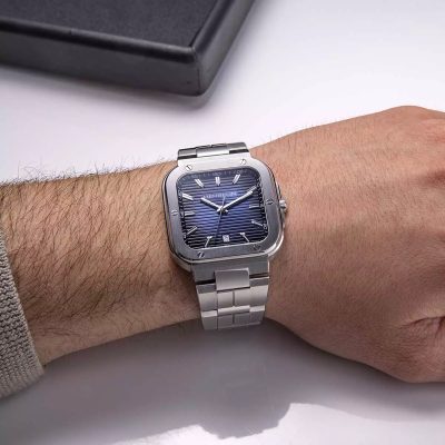 montre herbelin cap camarat square acier et cadran bleu bracelet acier quartz 39 mm