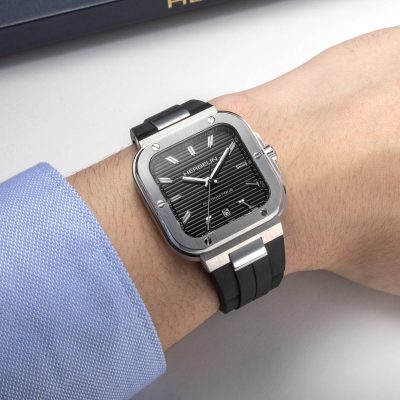 montre herbelin cap camarat square automatic cadran noir bracelet caoutchouc FKM noir