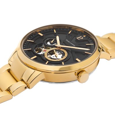 montre pierre lannier homme trio automatique acier doré cadran noir mouvement apparent