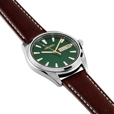 montre seiko homme classique mouvement quartz 3 aiguilles cadran vert bracelet cuir marron