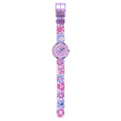 montre flik flak flower chaos enfant bracelet textile violet fleurs violettes bleues et roses