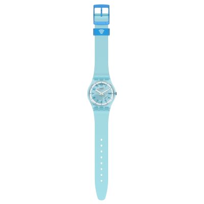 montre swatchpay! lightblue pay bracelet silicone bleu boitier transparent bleu paiement sans contact
