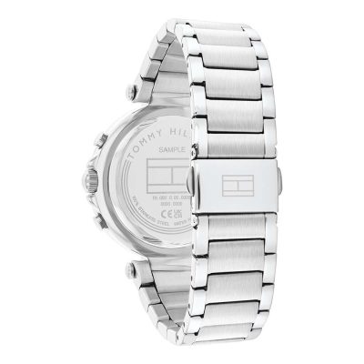 montre tommy hilfiger emily acier barcelet cier index et aiguilles dorés lunette strassée