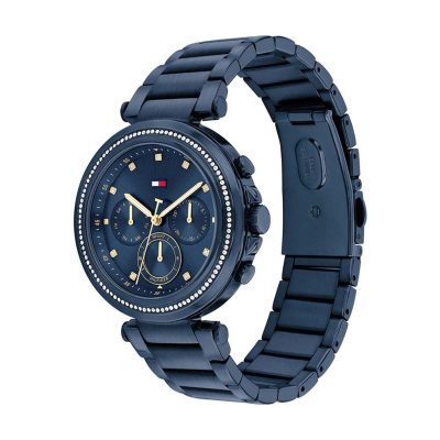 montre tommy hilfiger femme emily bleue acier bleu bracelet bleu cadran bleu lunette strassée