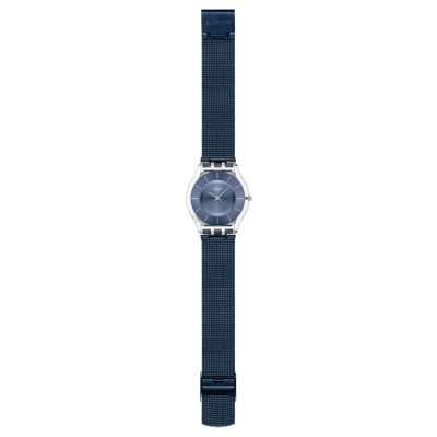 montre swatch skin cool skies bracelet maille milanaise acier bleu