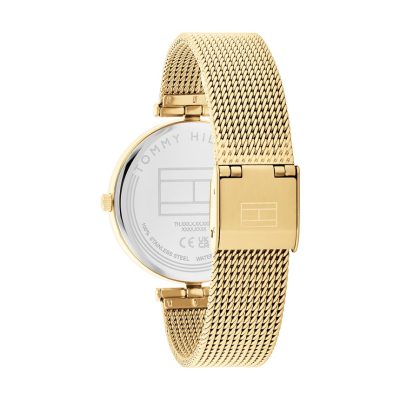 montre tommy hilfiger ella acier doré et cadran vert bracelet maille milanaise