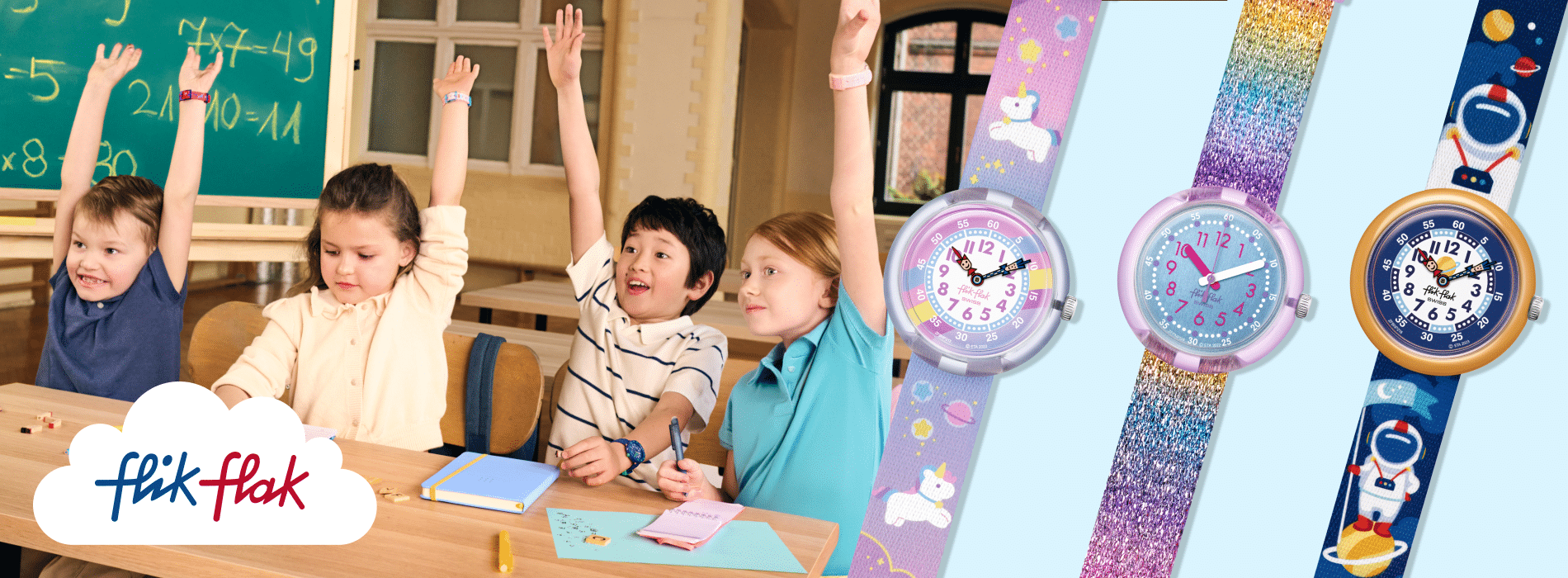 Flik Flak Automne-Hiver 2024 - Montres Enfants Apprentissage Heure Swiss Made Flik Flak AH24 montres enfants apprentissage heure colorées Swiss Made école