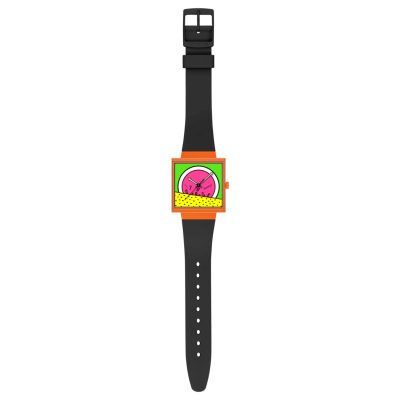 montre swatch what if break time ketih haring bioceramic cadran carré bracelet biosourcé noir cadran orange rose jaune vert
