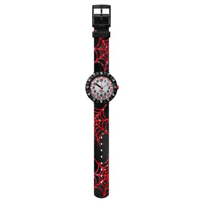 montre flik flak webaxus bracelet silicone noir avec araignée rouge halloween
