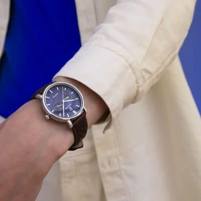 montre pierre lannier homme essential acier et cuir marron cadran bleu