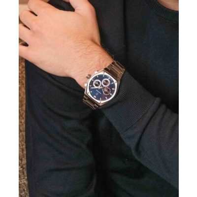 montre pierre lannier homme copilote boitier acier cadran bleu multifonctions bracelet acier