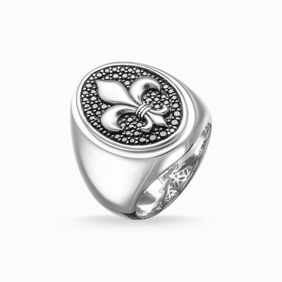chevalière thomas sabo homme fleur de lys argent pavé de zircons noirs