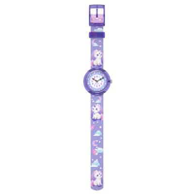 montre flik flak cosmicat enfant bracelet violet avec chat astronaute
