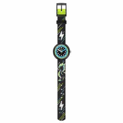 montre flik flak mystic dragon enfant noir et jaune fluo dragon