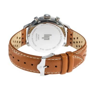 montre lip homme -rallye-39-meca-quartz- bracelet cuir marron cadran soleillé bleu