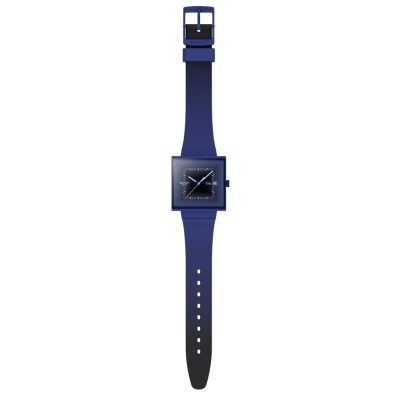 montre swatch what if squarely blacklight cadran carré bracelet silicone bleu