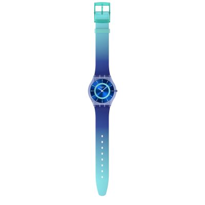 montre swatch skin jammy grape dream bracelet silicone bleu tie and dye
